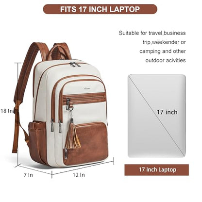 Shrrie 17 Inch Faux Leather Laptop Backpack for Women with Large Cup Holder - color: Beige With Brown