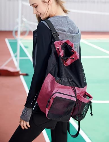 Lohol Large Mesh Drawstring Backpack with Shoe Bag, Durable Swimming String Sack with Handle for Sports Gym Yoga Beach Travel - color: Pink