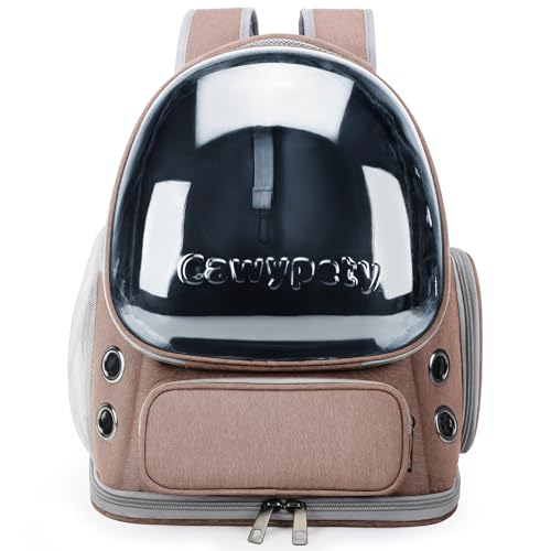 Cawypety Cat Backpack Carrier, Breathable Cat Carrier Large Space Bubble Pet Backpack for Kitty Small Dog up to 15lbs, Transparent & Foldable Pet Carrier for Travel Hiking - color: Khaki