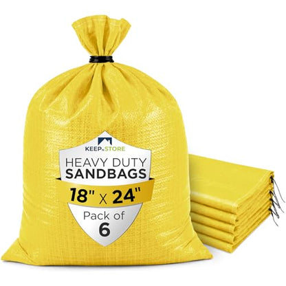 Heavy Duty Sand Bags Pack of 6, Bright Yellow Empty Sandbags with Built-In Ties, Woven Polypropylene UV Protection 1600 Hours, Fillable Bags for Flood Control, Weight, 18x24 inches, 60 Pounds Volume - size: 18"W x 24"L, style: Pack of 6