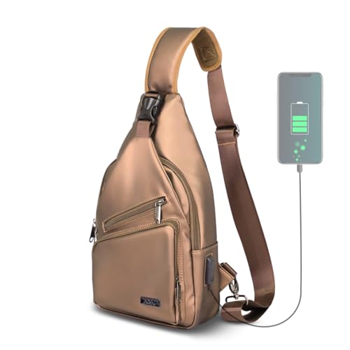 AMJ Crossbody Sling Bag Men Women, Casual Shoulder Backpack, Chest Daypack Satchel for Hiking Travel - color: Leather Brown, size: Large