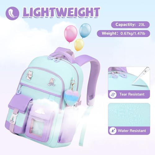Girls Backpack, Lightweight Kids Backpack Kawaii School Backpacks Bookbag for Primary Elementary School,Age 6-14 years,Black Match Purple (Luggage Strap Ver) - color: 1pc-green & Purple(luggage Strap Ver)