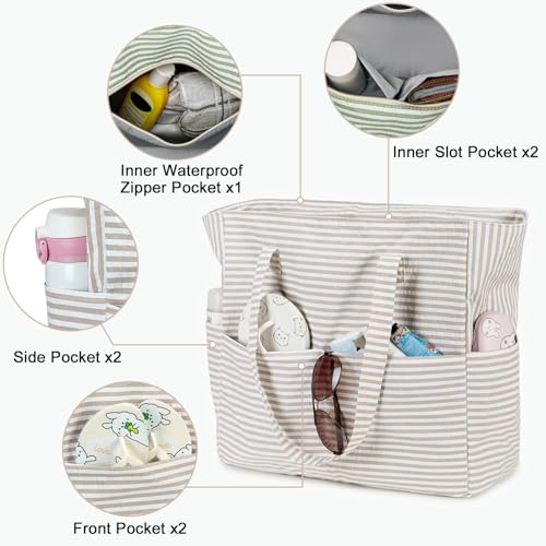 LEDAOU Beach Bag Waterproof Sandproof Women Beach Tote Pool Bag with Zipper for Swim Gym Grocery Travel with Wet Pocket | Sandproof - color: Khaki Stripe