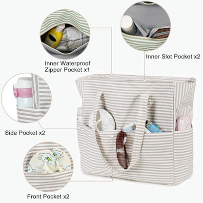 LEDAOU Beach Bag Waterproof Sandproof Women Beach Tote Pool Bag with Zipper for Swim Gym Grocery Travel with Wet Pocket | Sandproof - color: Khaki Stripe