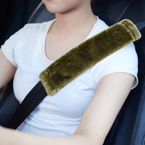 MOONET 2 Packs Car Seatbelt Covers Shoulder Pad for More Comfortable Driving, Universal Seat Belt Cover for Handbag Camera Backpack Straps, Soft Faux Sheepskin Wool Seat Belt Cushion (Olive) - color: Olive