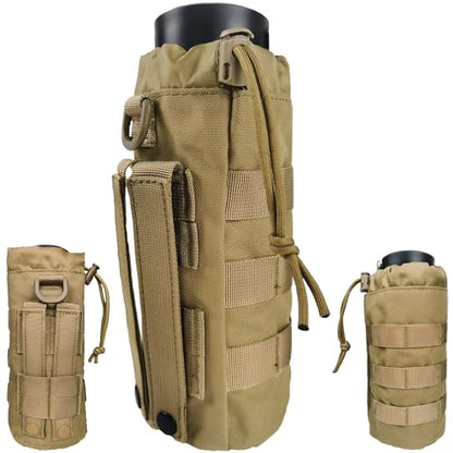 Tactical MOLLE Water Bottle Holder, Upgraded Water Bottle Pouch with Drawstring Open Top & Mesh Bottom, 16/24/25/32oz Water Bottle Carrier Bag with D-Ring Hook for Backpack - color: Brown