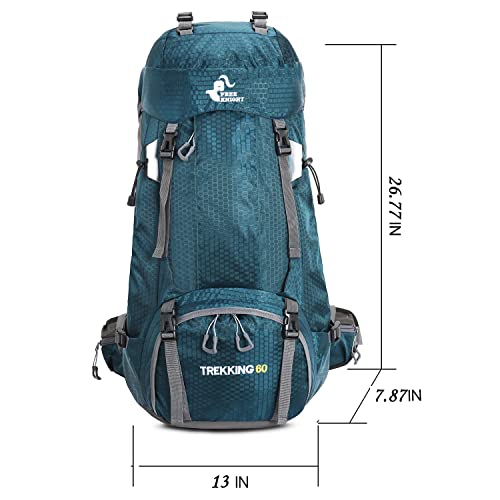 Bseash 60L Waterproof Hiking Camping Backpack with Rain Cover, Large Outdoor Sport Travel Daypack Rucksack for Climbing - color: Blue Green