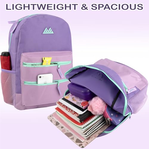 Summit Ridge Colorful Big Backpack for School Kids, Multi Pocket Backpack for Elementary, Middle School Girls, Boys with Padded Straps (Purple/Lilac) - color: Purple/Lilac