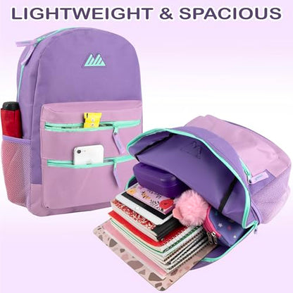 Summit Ridge Colorful Big Backpack for School Kids, Multi Pocket Backpack for Elementary, Middle School Girls, Boys with Padded Straps (Purple/Lilac) - color: Purple/Lilac