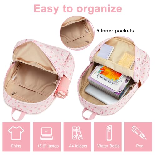 BTOOP School Backpacks for Teen Girls Bookbags Lightweight Kids Backpack School Bags Set with Lunch Box Pencil Case - color: A-pink Bow-pink Flower
