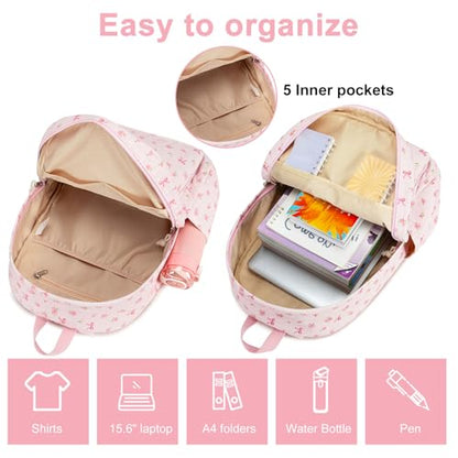 BTOOP School Backpacks for Teen Girls Bookbags Lightweight Kids Backpack School Bags Set with Lunch Box Pencil Case - color: A-pink Bow-pink Flower