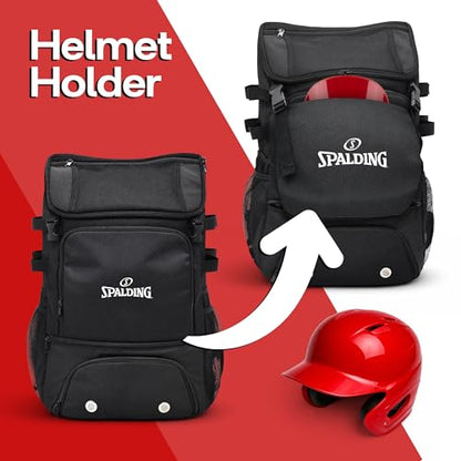 Spalding Baseball Backpack Baseball Bag | Youth & Adult Large Black Backpack with Compartment for Tball Softball Sports Gear | Fits Bat Glove Shoes Ball Helmet | Waterproof Adult Bat Bag Softball Gift