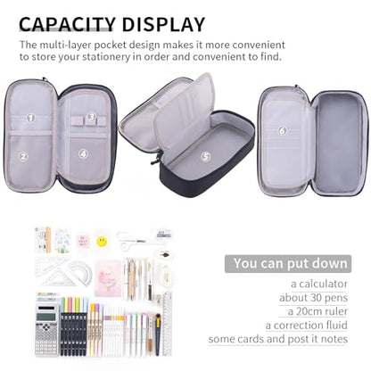 CICIMELON Durable Pen Pencil Case for School Supplies, High Capacity Pencil Bag Pouch Organizer for Teen Girls Boys Adults, Black - color: Black
