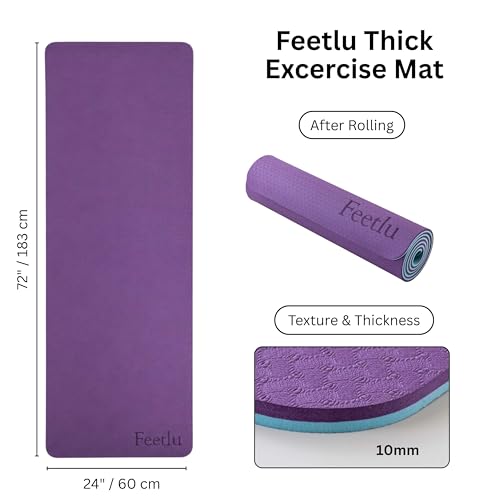 Extra Thick Yoga Mat with Carry Strap, 10mm Non-Slip Exercise Mat, 72 x 24 Inch Cushioned Workout Mat for Yoga, Pilates, Stretching & Floor Exercises - color: Dark Purple & Blue Gray