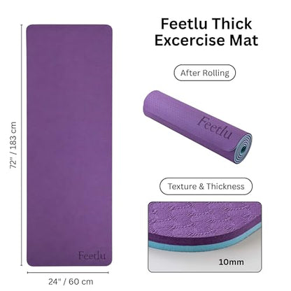 Extra Thick Yoga Mat with Carry Strap, 10mm Non-Slip Exercise Mat, 72 x 24 Inch Cushioned Workout Mat for Yoga, Pilates, Stretching & Floor Exercises - color: Dark Purple & Blue Gray