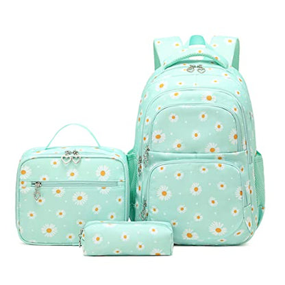 YJMKOI 3Pcs Daisy Prints Backpack for Girls Middle-School Elementary Students Bookbag Set with Lunch Box (Green) - color: Green