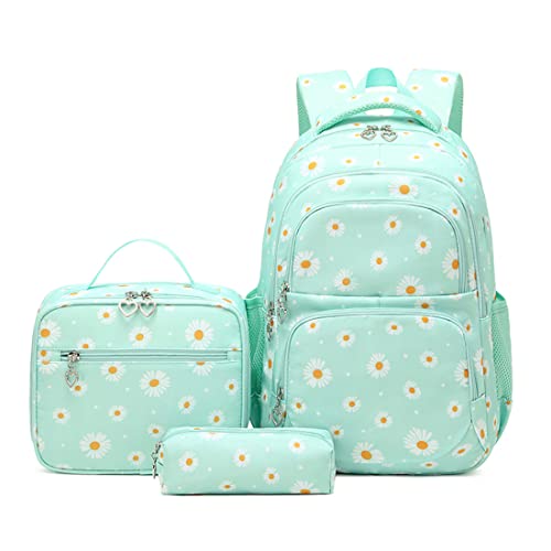 YJMKOI 3Pcs Daisy Prints Backpack for Girls Middle-School Elementary Students Bookbag Set with Lunch Box (Green) - color: Green
