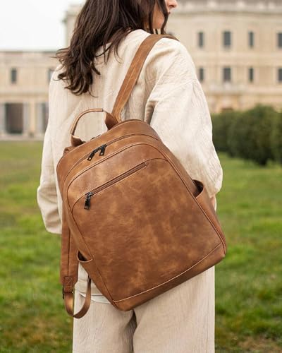 MASINTOR 15.6 inch Leather Laptop Backpack Purse for Women, Designer Travel and Work Bag with Laptop Compartment Mocha Brown - color: Mocha Brown