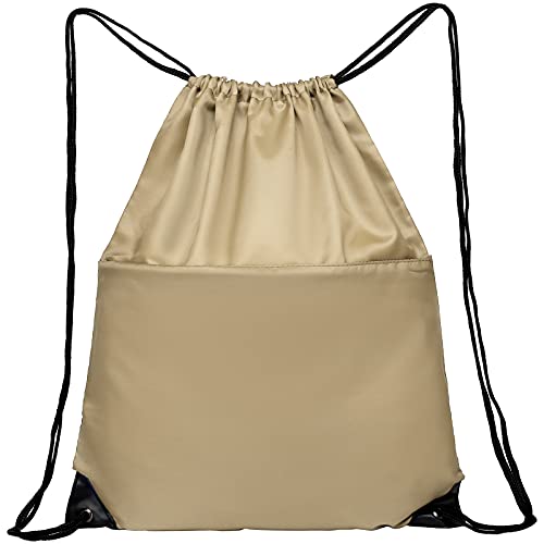 Drawstring Backpack Sports Water Resistant String Bag Sport Gym Sackpack for Women Men Large with Zipper, Khaki - color: Khaki