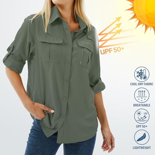 Women's UPF 50 Long Sleeve Sun Protection Safari Fish Hiking Shirts - color: Mountain Green, size: Small