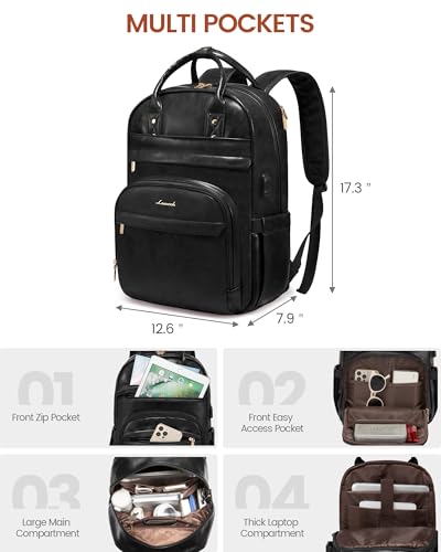 LOVEVOOK Vintage PU Leather 15.6 inch Women's Laptop Backpack, Black, 25L, Water Resistant, USB Charging Port