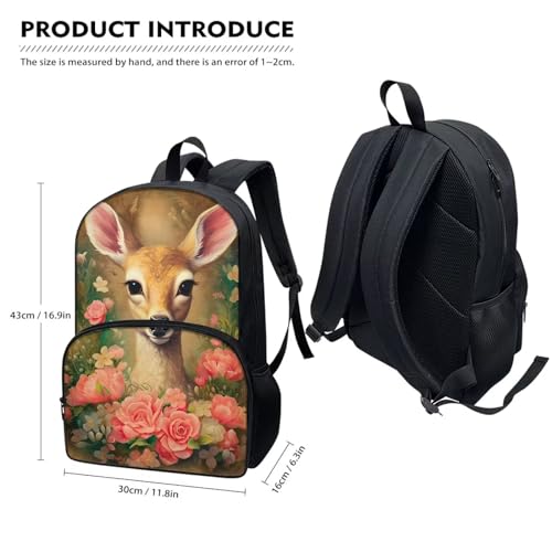 Talayituse Deer Flower Print School Backpack Bookbag Casual Backpack Student Backpack for Students Travel Hiking Camping Daypack with Front Zipper Pocket - color: Deer Flower