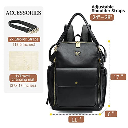 Miss Fong Leather Diaper Backpack - Baby Diaper Bag with 13 Pockets, Changing Pad, Stroller Straps, 4 Insulated Pockets (Black) - color: Black