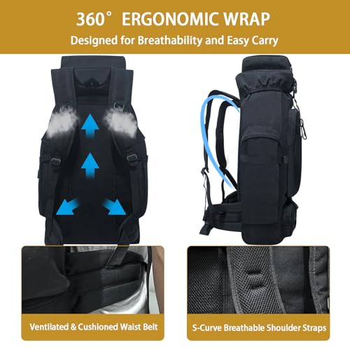 80L Camping Hiking Backpack, Large Military Tactical Backpack with USB Charging Port, Waterproof Travel Daypack With Carabiner Outdoor MOLLE Rucksack for Men Women (Black) - color: 80l Black-biner