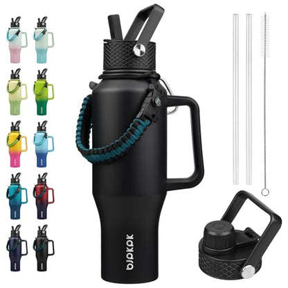 BJPKPK Insulated Water Bottles with Straw Lid, 35oz Metal Water Bottle with 2 lids & Paracord Strap, Double Wall Stainless Steel Tumbler with Handle, Reusable Cups, Mugs, Thermo, Black - color: Black, style: 35oz-Side Handle