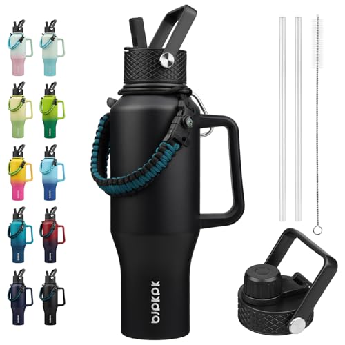 BJPKPK Insulated Water Bottles with Straw Lid, 35oz Metal Water Bottle with 2 lids & Paracord Strap, Double Wall Stainless Steel Tumbler with Handle, Reusable Cups, Mugs, Thermo, Black - color: Black, style: 35oz-Side Handle