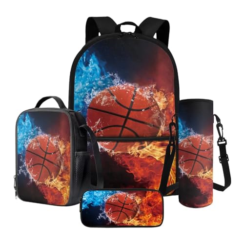 Basketball Water Flame 4-in-1 Portable Backpack for Kids Elementary School Bookbag Pen Case Lunch Box Water Bottle Sleeve for Middle High College School Student - color: Basketball Water Flame