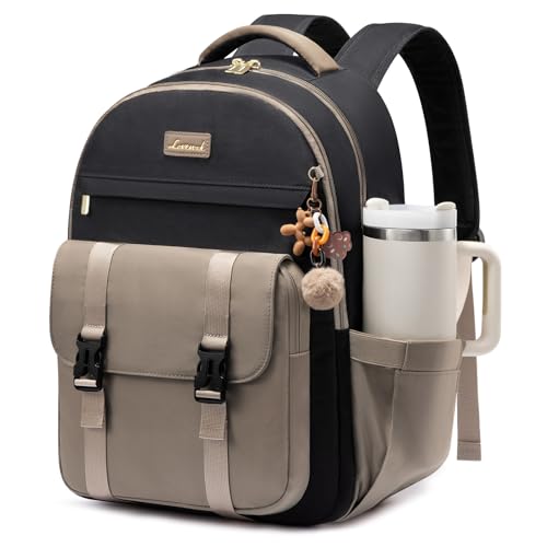 LOVEVOOK School Backpack for Teen Girls, Cute Student Backpack Purse Kid Bookbag for 8-17 Teenage, Back to School Backpacks Fit 15.6 Inch Laptop, College Travel Bag with Large Water Bottle Holder - color: Black-khaki, size: 15.6 Inch