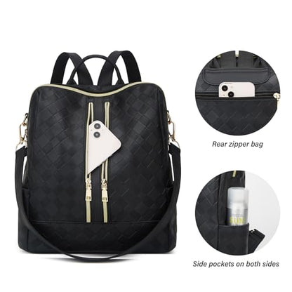 Makes Backpack Purse for Women PU Leather Travel Satchel Handbag Convertible Design Bag with Purse 2 Piece - color: Black Square