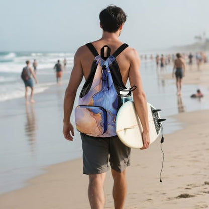 Drawstring Gym Bags For Men Women Pool Bag With Pockets Cinch Bags Waterproof Marble Royal Blue Peach - color: Color 11