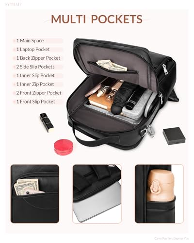 SYTRAH Leather Laptop Backpack for Women, 15.6 inch Computer Daypack Black | Faux Leather Laptop Backpack: Dedicated 15.6" Laptop Compartment, 9-Pocket Organizer, Breathable Mesh Strap, Work & Travel - color: Purse Black
