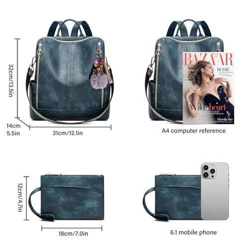Makes Backpack Purse for Women PU Leather Travel Satchel Handbag Convertible Design Bag with Purse - color: Blue Quadruple Zipper