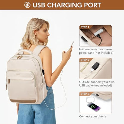 MDODO Laptop Backpack for Women,Travel Backpack with Laptop Compartment,Casual Daypack College Bookbag Computer Work Backpack,15.6 inch,Beige - color: Beige-1 Pcs