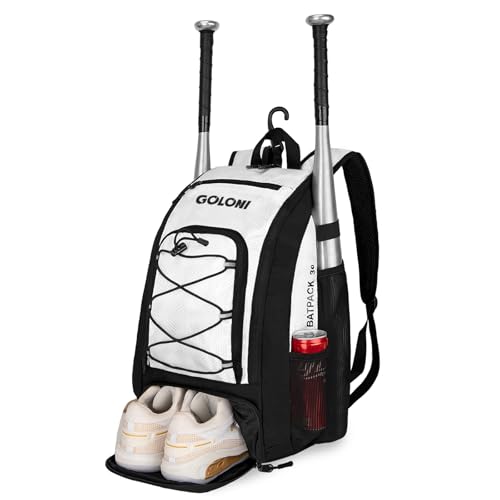 Goloni 40L Baseball Bag, Softball Bat Bag with Shoes Compartment,Fence Hook,Backpack for Baseball, T-Ball & Softball Equipment & Gear - color: White