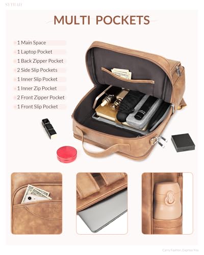 SYTRAH Leather Laptop Backpack, 15.6 Inch Business Computer Bag, Designer College Backpack Travel Backpack with Colorful Shoulder Bag Strap Camel - color: Camel