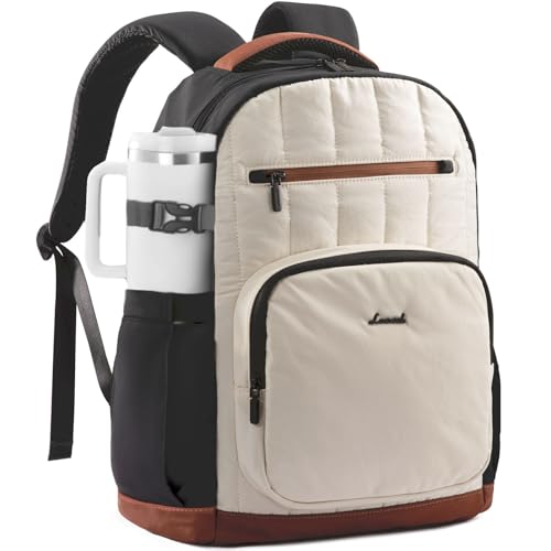 LOVEVOOK Laptop Backpack for Women with Giant Tumbler Holder Pocket,17 Inch Puffer Travel College Work Backpack Purse for Teacher Nurse,Casual Laptop Bag Computer Back Pack Daypack,White-Black-Brown - color: Off-white - Black - Brown, size: 17 Inch