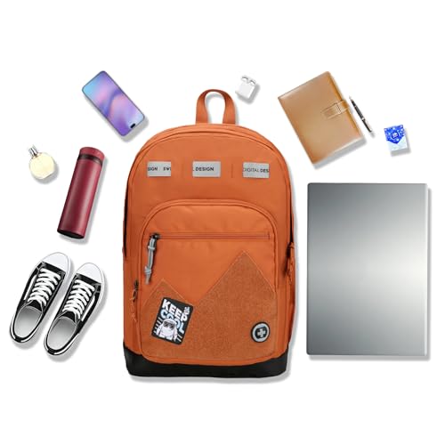 Swissdigital Design Big Student Laptop Backpack with Fun Personalized Patches For College Boy & Girl, Middle High School Teen Bookbag Cool Travel Daypack Orange - Includes 3 Patches | SD1718-33 - color: Burnt Orange