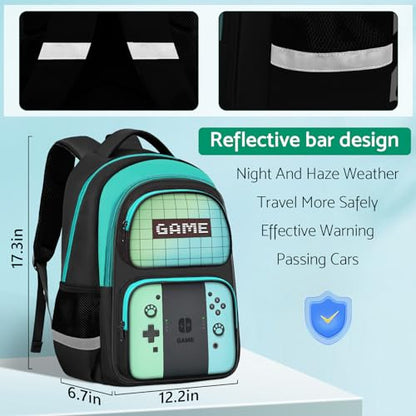 Kids Backpack For Boys，Gamer Boys Backpack For Children Teens Elementary Middle School, 17″ Students Bookbag - color: Backpack Set-sw-green & Blue