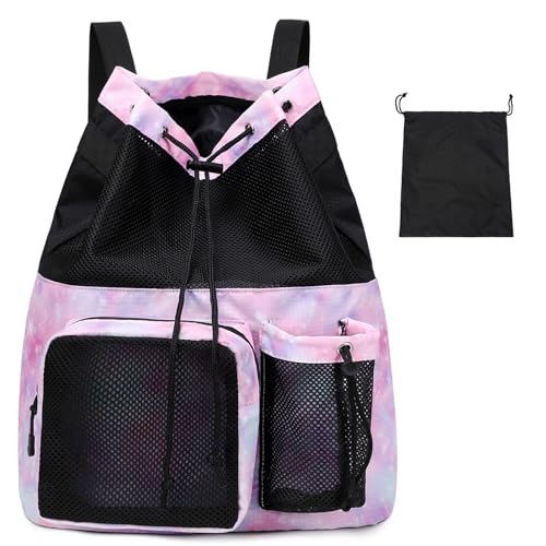 Lohol Large Mesh Drawstring Backpack with Shoe Bag, Durable Swimming String Sack with Handle for Sports Gym Yoga Beach Travel - color: Galalxy Pink