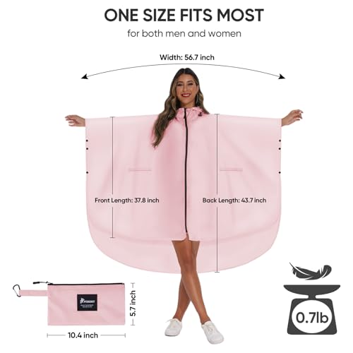 PTEROMY Hooded Rain Poncho for Adult with Pocket and Zipper, Waterproof Lightweight Raincoat for Men and Women - color: Pink