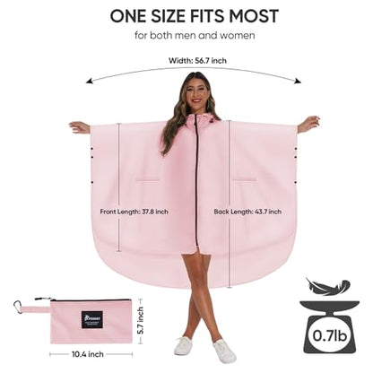 PTEROMY Hooded Rain Poncho for Adult with Pocket and Zipper, Waterproof Lightweight Raincoat for Men and Women - color: Pink
