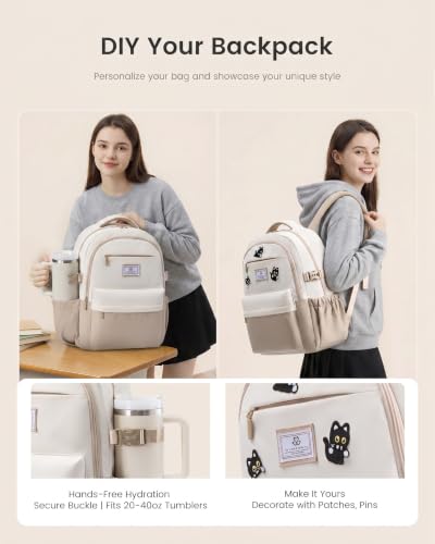 LOVEVOOK Laptop Backpack for Women Teens,College School Backpack with Tumbler Holder,15.6" Computer Bag,14 Pockets,Waterproof - color: Khaki/Cream, size: 17.3inch