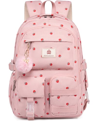 Hidds School Backpack for Teens Girls Women 15.6 Inch Laptop College Backpacks Corduroy Work Bag Kids Elementary Middle High Campus Bookbag Students Anti Theft Travel Daypack Womens - Pink Strawberry - color: 14-corduroy Pink Strawberry