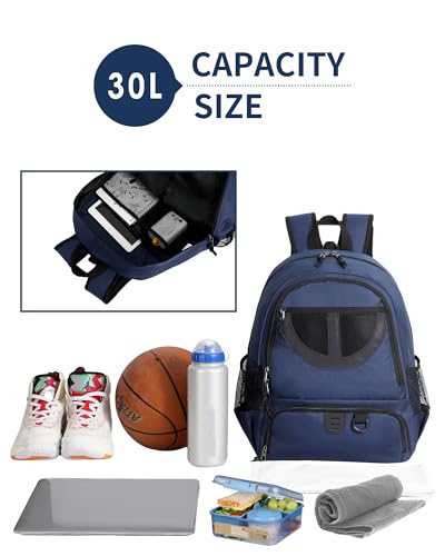 Basketball Bag Backpack for Men Women with Ball & Shoes Compartment 30L Capacity Lightweight Breathable Boys Girls Soccer Ball Bag Backpack Fit Volleyball Football Sports Travel School Gym - color: TK8Navy