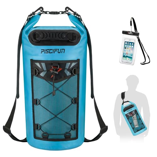 Piscifun Dry Bag, Waterproof Floating Backpack 10L/20L/30L/40L with Waterproof Phone Case for Boating, Kayaking, Fishing - color: Light Blue, style: 20l