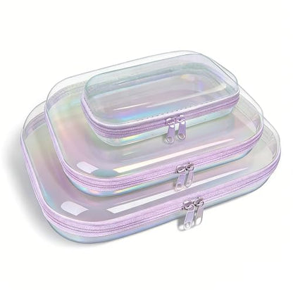 Clear Hard Shell Zipper Case,3PCS Transparent Clear Laser Zipper Pouches,Hard Side Plastic Case Set,Portable Travel Storage Organizer Bins - color: 3pcs-Purple-LMS-Laser